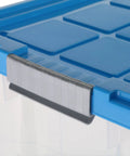Heavy Duty Rolling Storage Bin With Secure Lid And Smooth Ride Wheels, Solid Plastic Organizer Tote For Home Or Garage handle detail.