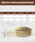 Heavy Duty Coil Roofing Nails 1 1/4 Inch Electro Galvanized Smooth Shank 15 Degree Spiral Fasteners displayed in stacked tray.