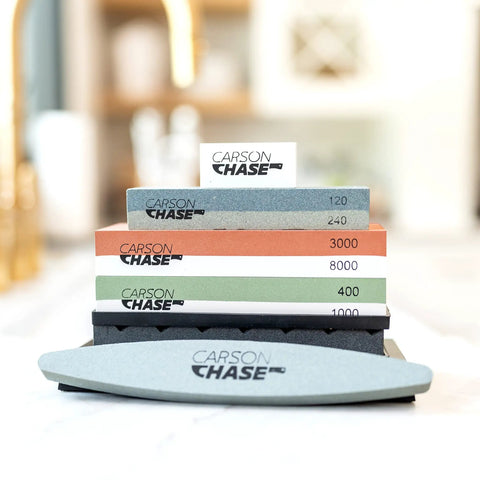 Pro Grade Knife Sharpening Kit With Whetstone Bowl, 15-Piece Set showing stacked dual grit stones with Carson Chase branding
