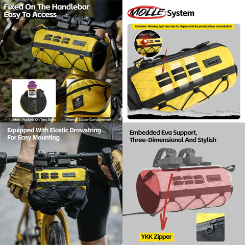 2.8L Waterproof Front Tube Bag for road gravel and mountain bikes mounted on handlebars with MOLLE system and EVA frame
