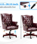 Ergonomic 360 Degree Swivel Office Chair With Tufted Wingback In Retro Burgundy Faux Leather Heavy Duty 500 Lb Capacity Height Adjustable Boss Level Comfort Luxurious Home Office Desk Seat For Long Grind Sessions showing height adjustment range.