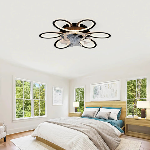 5 Pc Ceiling Fan with Lights Remote Control 25 inch Black 6 Speeds 3 Light in modern bedroom ceiling.