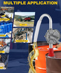 Top Shelf Aluminum Rotary Hand Crank Drum Pump Built Legit For Heavy Duty Oil And Chemical Fluid Transfers With No Fuss Operation And Rock Solid Workshop Durability with fluid pouring from oil drum.