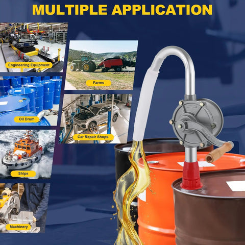 Top Shelf Aluminum Rotary Hand Crank Drum Pump Built Legit For Heavy Duty Oil And Chemical Fluid Transfers With No Fuss Operation And Rock Solid Workshop Durability with fluid pouring from oil drum.