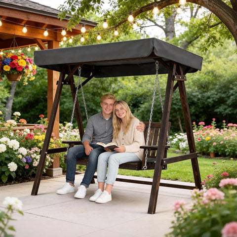 Porch Swing With Stand And Canopy Rustic Wooden Garden Swing Chair For Patio And Yard Decay Resistant Fir Wood Tilt Canopy To Block Sun