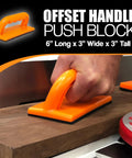 Woodworker using orange offset handle push block from Five Piece Woodworking Push Block And Push Stick Set In Safety Orange.