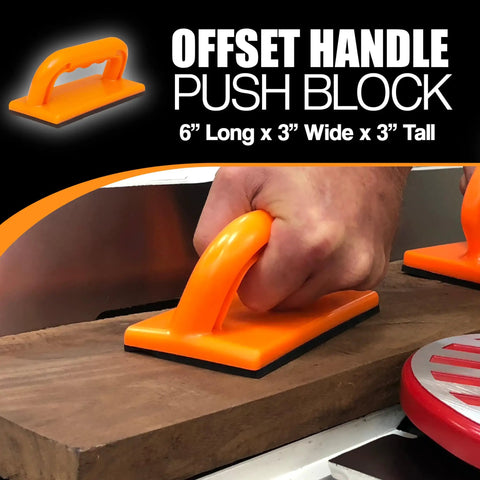 Woodworker using orange offset handle push block from Five Piece Woodworking Push Block And Push Stick Set In Safety Orange.