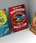 Three rusted tin metal wall plaques featuring humorous sayings for garage or man cave decor, showcasing vintage design.