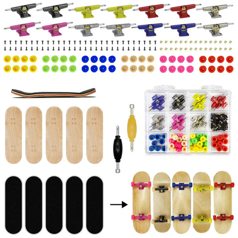 Dope Wooden Fingerboard Deck Kit With Pro Foam Tape And Multicolor Wheels. 5 wooden decks, brackets, wheels, and tools.