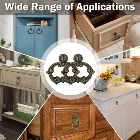 Six Bronze Oval Drop Ring Drawer Pulls Set With Mounting Hardware For Dresser Cabinets And Cupboards shown on various furniture