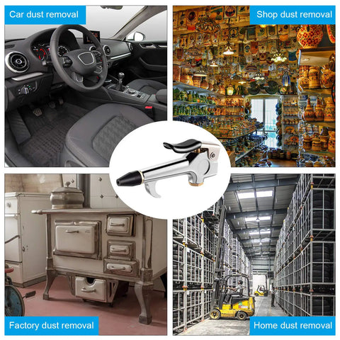 4 Piece 1/4 NPT Lever Blow Gun Set With Rubber Tip And Safety Nozzles for dust cleaning in car, shop, factory, and home environments.