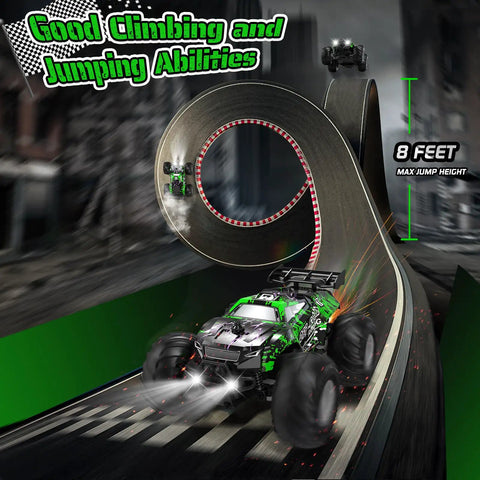All Terrain Remote Control Off Road Truck For Kids 1 To 20 Scale showcasing climbing and jumping abilities on loop track