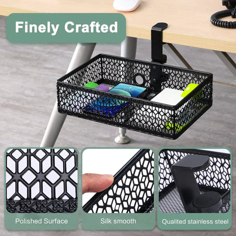Heavy Duty Clamp On Under Desk Organizer Basket With 360 Degree Rotation Non Slip Pad Hanging Mount Space Saving Storage Tray For Home Office Studio Bedroom Or Dorm Black shown attached under desk with sleek black mesh design.
