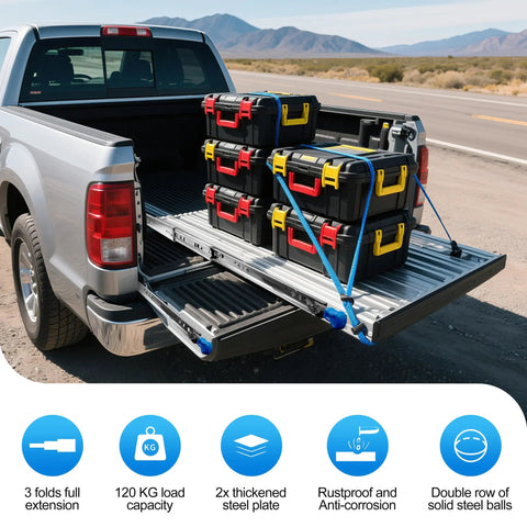 Heavy Duty 20 Inch Drawer Slides Full Extension Locking Ball Bearing Rails in truck, showing 250 LB load capacity.