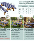 Blue checkered picnic table and bench cover set for 6-foot rectangular tables, shown on various table sizes outdoors