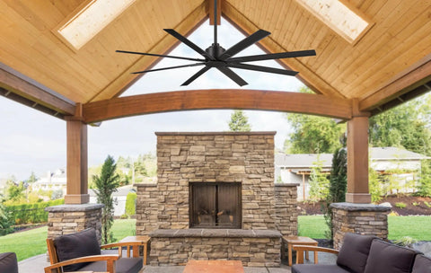 Xtreme H2O 65 Inch Outdoor Ceiling Fan With DC Motor In Coal Finish installed in a patio, damp rated, remote control, six-speed, indoor outdoor use.