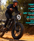 Adult Fat Tire Electric Bike With Fast Speed, NFC Password Unlock And Big Color LCD Screen For Street Riding And Off Road Adventure All Day. Rider on black fat tire e-bike on forest trail