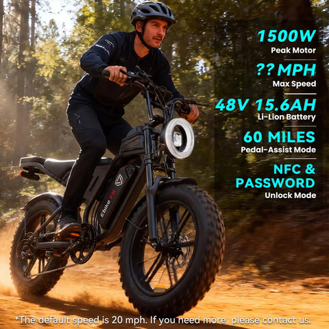 Adult Fat Tire Electric Bike With Fast Speed, NFC Password Unlock And Big Color LCD Screen For Street Riding And Off Road Adventure All Day. Rider on black fat tire e-bike on forest trail