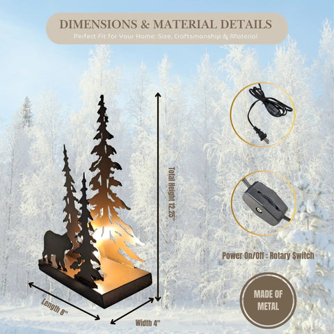 Woodsy Bear Silhouette Table Lamp For Cabin And Lodge Decor, metal bear forest design, 8L x 4W x 12.25H in, showing dimensions