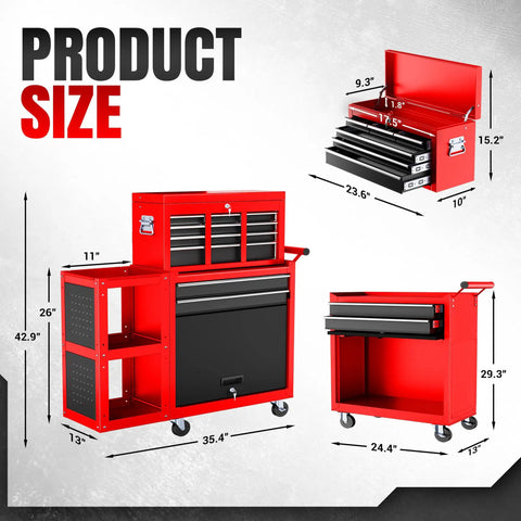 8 Drawer Rolling Tool Chest Built Like A Tank Heavy Duty Metal Tool Cabinet On Wheels With Locking Sliding Drawers Detachable Top Box And Side Hooks For Garage Workshop Repair Room Warehouse Red size view