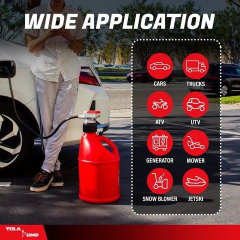 TERA PUMP TRFA01-XL battery-powered fuel transfer pump with red gas can and hose near car fuel filler front view