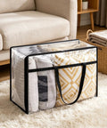 Super Roomy Clear Zippered Storage Bags With Heavy Duty Handles And Full Transparent Panels for storing pillows on a cozy rug.