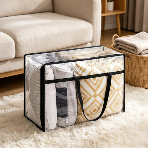Super Roomy Clear Zippered Storage Bags With Heavy Duty Handles And Full Transparent Panels for storing pillows on a cozy rug.