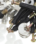 Close-up of 30 Piece M6 Furniture Connector Hardware Kit with cam screws, fixing screws, dowels, and barrel nuts for assembly.