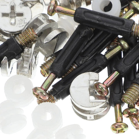 Close-up of 30 Piece M6 Furniture Connector Hardware Kit with cam screws, fixing screws, dowels, and barrel nuts for assembly.
