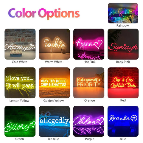 Color options for neon signs including warm white, red, green, ice blue, showcasing different styles and fonts.