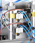 Close-up of 5/32 Inch OD Push To Connect Pneumatic Fittings Kit installed in air line system with splitters and blue tubing, 60 pieces.