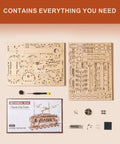 3D Wooden Puzzle Model Car Kit For Adults Build A Classic Tram Train Set With Realistic Rails And Real Wood Finish Hands On Toy Gift Idea For Christmas Fathers Day Birthday Dope Build Experience, parts laid out