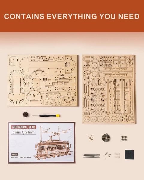 3D Wooden Puzzle Model Car Kit For Adults Build A Classic Tram Train Set With Realistic Rails And Real Wood Finish Hands On Toy Gift Idea For Christmas Fathers Day Birthday Dope Build Experience, parts laid out