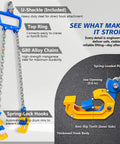 Heavy Duty One Ton Drum Lifter Clamp With G80 Chains For Steel And Plastic Barrels showing u-shackle, chains, and spring-lock hooks.