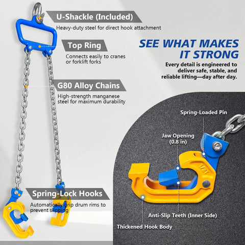 Heavy Duty One Ton Drum Lifter Clamp With G80 Chains For Steel And Plastic Barrels showing u-shackle, chains, and spring-lock hooks.
