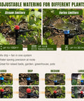 Push To Connect Drip Irrigation System with adjustable watering and emitters for garden beds and pots.