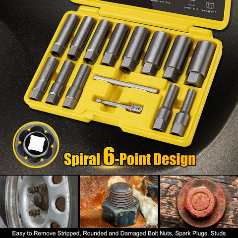Deep Bolt Extractor Kit 15-Piece Set For 6mm To 19mm Nuts And Studs 3 8 Inch Drive Socket Remover in yellow case