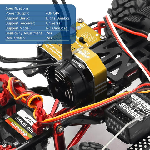 Close-up of 2204 2400KV Brushless Outrunner Motor with Transmission and 30A Mini ESC in SCX24 RC car, black and gold components visible.