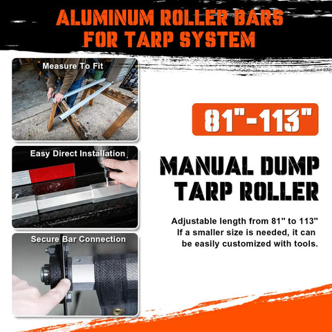 Dump Truck And Trailer Tarp Kit With Rear Anti-Sail Bow, Aluminum Roller, 5ft By 14ft PVC Mesh, Easy Install Tarp System For Dump Trailers, Heavy Duty Weatherproof Covering That Keeps Loads Secure, 81"-113" adjustable aluminum roller bars