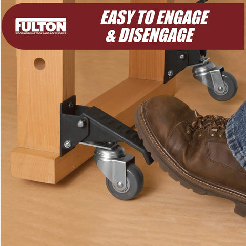 Legit Heavy Duty Retractable Caster Kit For Workbenches And Workshop Tables With Durable Urethane Wheels being engaged with a foot pedal.