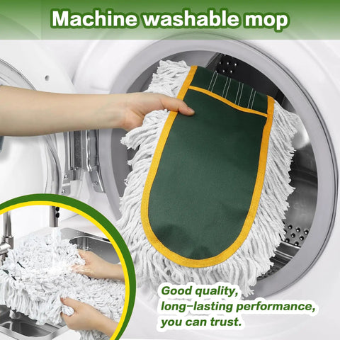Heavy Duty Commercial Dust Mop For Hardwood Floors With Two Reusable Cotton Yarn Heads And Telescopic Stainless Steel Handle being loaded into washing machine.