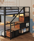 Storage staircase with large drawers and shelves for Rock Solid Low Twin Over Twin Bunk Bed With Game Changing Built In Storage Stairs.