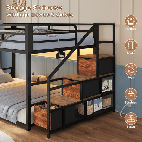 Storage staircase with large drawers and shelves for Rock Solid Low Twin Over Twin Bunk Bed With Game Changing Built In Storage Stairs.