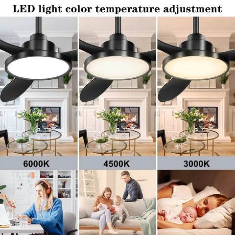 52 Inch Black Ceiling Fan With Light And Remote Control displaying 3 LED light temperatures for living room use