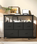 Compact Media Console And Dresser Combo With Five Fabric Storage Drawers Open Shelf For TV Space Saving Entertainment Unit