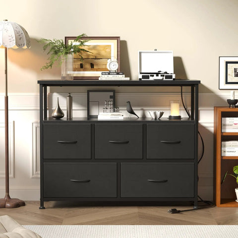 Compact Media Console And Dresser Combo With Five Fabric Storage Drawers Open Shelf For TV Space Saving Entertainment Unit