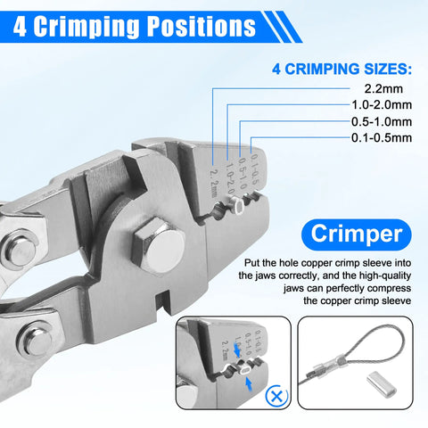 Close-up of Heavy Duty Fishing Crimping Pliers Kit With Pro Grade Stainless Steel Wire Crimp Tool showing 4 crimping positions
