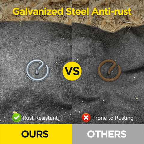 Comparison of Beefy Thickened 8 Gauge Circle Top Landscape Fabric Stakes: Rust-resistant galvanized vs. rusty regular staple.
