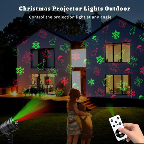 Christmas projector lights outdoor display on house with remote control, featuring festive red and green patterns at night.