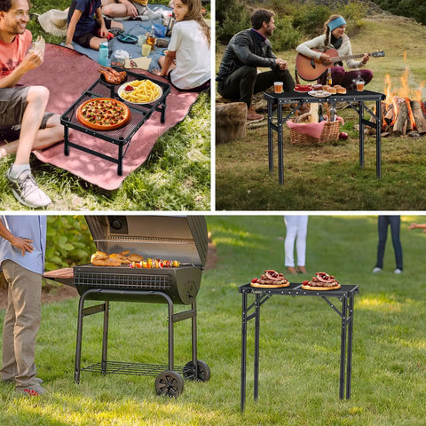 Collage with Folding Grill Table For Camping And BBQ, Aluminum Outdoor Table With Adjustable Height Up To 27.5 Inches, in use outdoors.